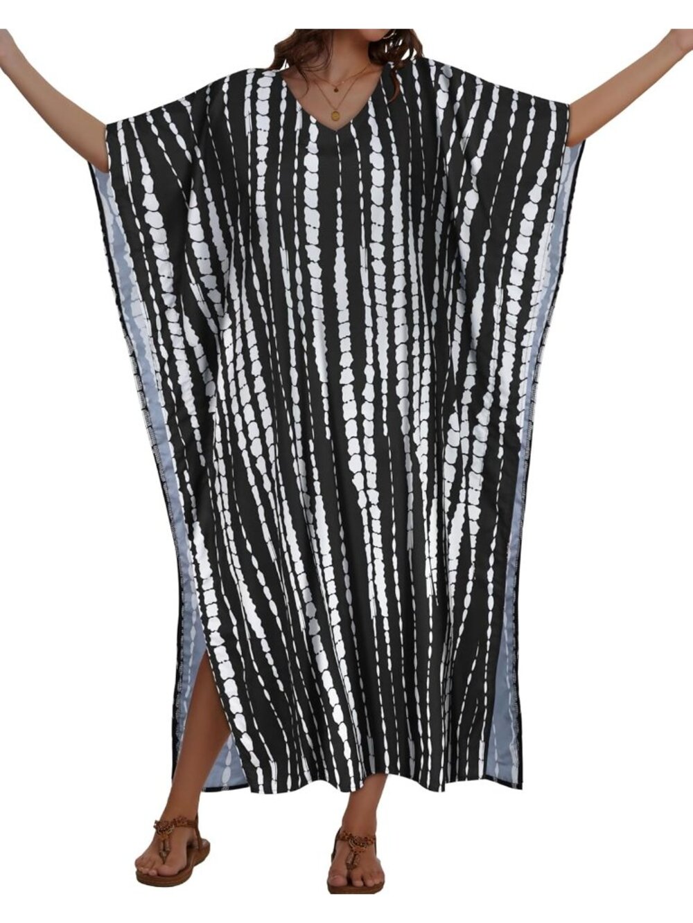 Women's Black White Stripes Plus Size V Neck Caftan Long Batwing Sleeve Cover Up - Picture 6 of 6
